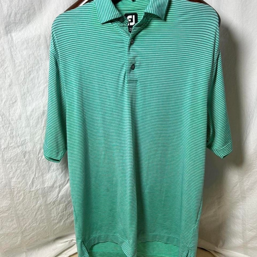 Footjoy FJ Polo Shirt Green‎ Striped Polyester Short Sleeve Golf Cool Men Medium